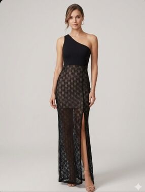 Misty Rose Women's Size Medium Black One Shoulder Sheer Lace Slit Slip Dress